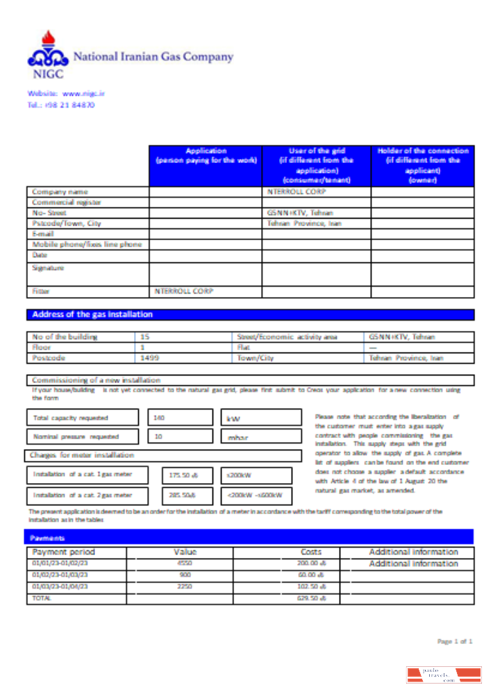 National Iranian Gas Company gas utility business bill,  SCR PSD template